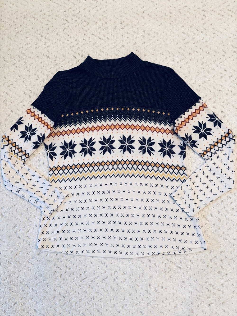 Maurices Fair Isle Mock Neck Mixer Tee Size L Grey Cream Long Sleeve Layering